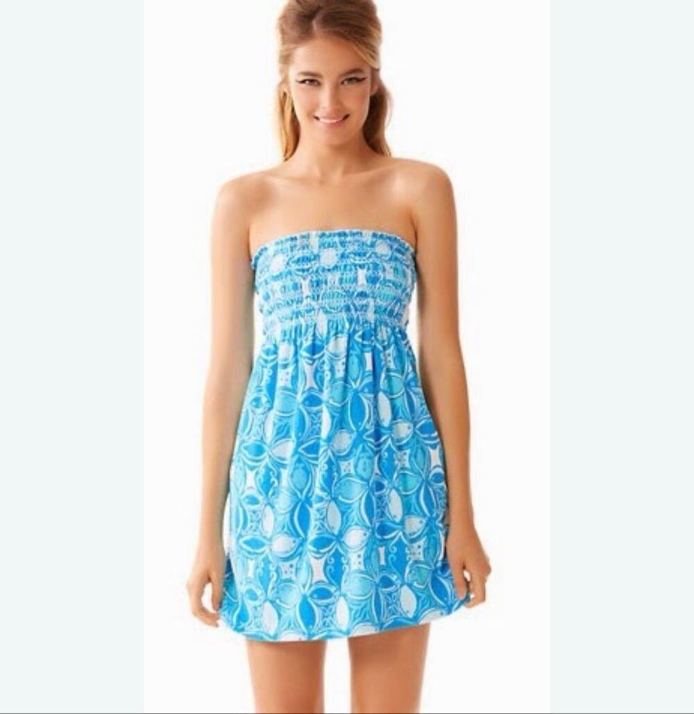 Lilly Pulitzer Strapless Smocked Mini Dress Blue White Fish Print Cover Up sz L